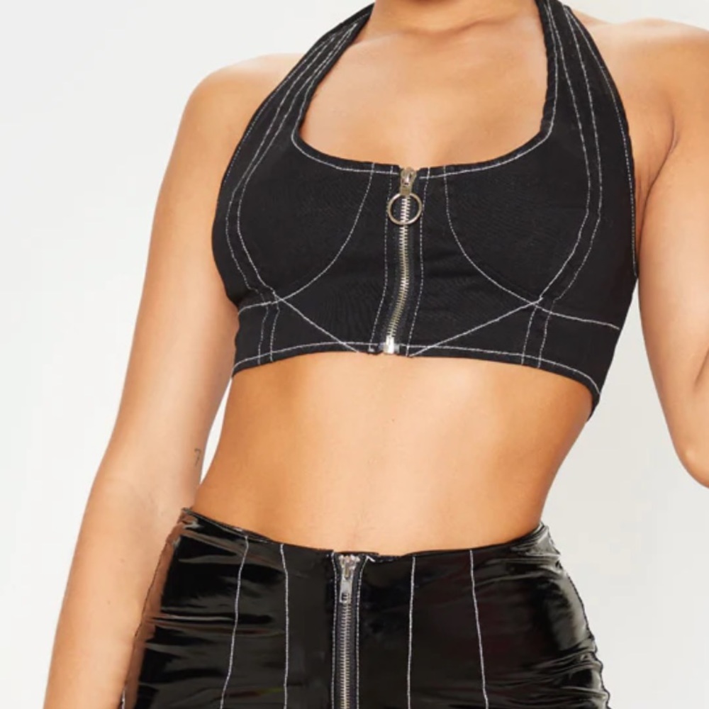 Black Denim Halterneck Tie Crop Top